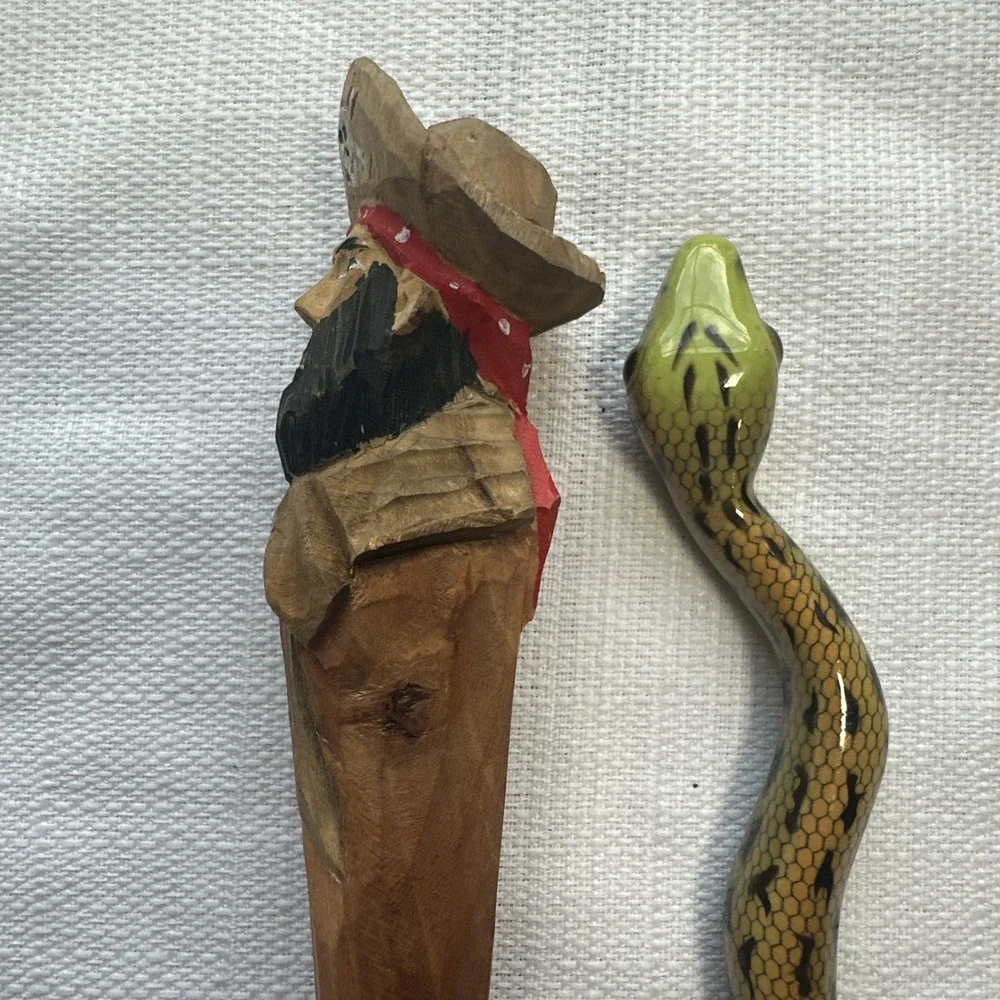 Lot of 2 Vintage Carved Wood Pens – Pirate & Snake Enamel Painted Novelty